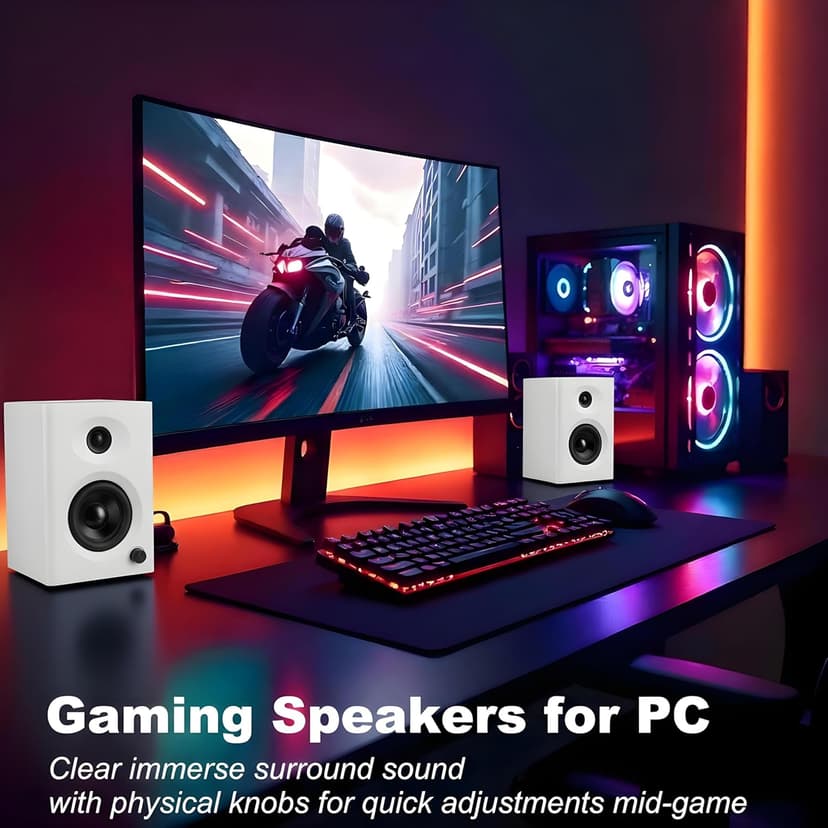 Computer Speakers for Desktop PC, 60W Bluetooth 5.3 Stereo 2.0 System with Bass, Compact Powered Bookshelf Speakers for Office, Monitors, Laptop, Gaming, TV, Gifts (White, Pair)