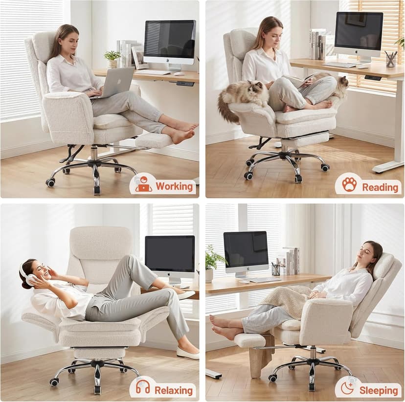 Furniliving Criss Cross Office Chair with Armrests & Wheels, Big and Tall Office Chair with Footrest, Flip Armrests for Pets, Wide Seat Cross Legged Desk Chair, Ergonomic Computer Chair, Teddy, White