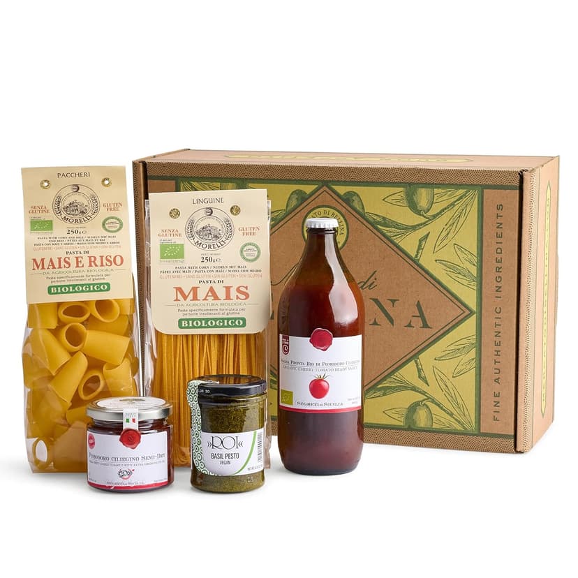 Bellina Gluten-Free Vegan Gift Basket - Italian Organic GF Pasta Gift Basket With Sun Dried Tomatoes, Basil Pesto, & Tomato Sauce - Vegetarian Gourmet Pasta for Foodies, Holidays - Imported from Italy
