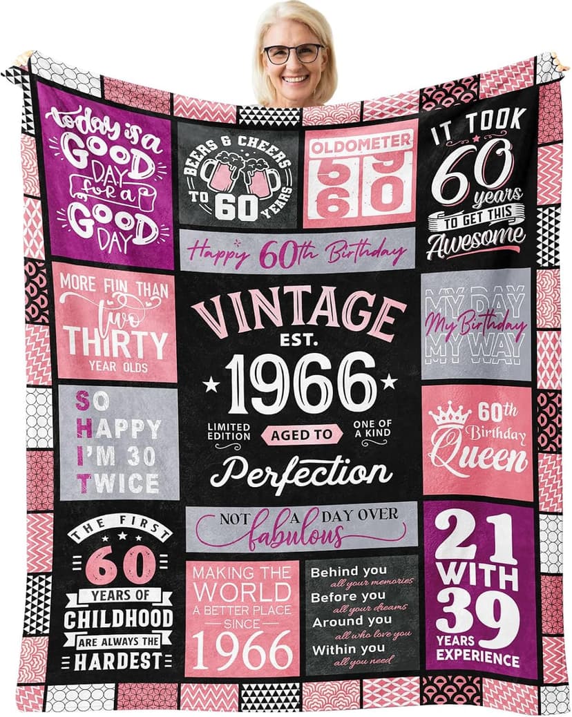 60th Birthday Gifts for Women Throw Blanket 60"x50", Best Gifts for 60 Year Old Woman, 60th Birthday Gift Ideas, 1966 Birthday Gift for Women, 60 Year Old Party Favors/Decorations for Woman B0CQR5HB89