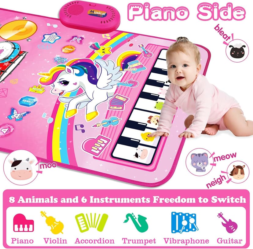 Piano Drum Animal Touch Unicorn Toy - Infant Musical Toy 12-18 Months Babies Birthday Easter Gifts for 1 2 3 Year Old Girls Toys for 1 Year Old Girl Gifts: 3 in 1 Baby Music Mat Toddler Toys Age 1-2 B0DBXXVQP3