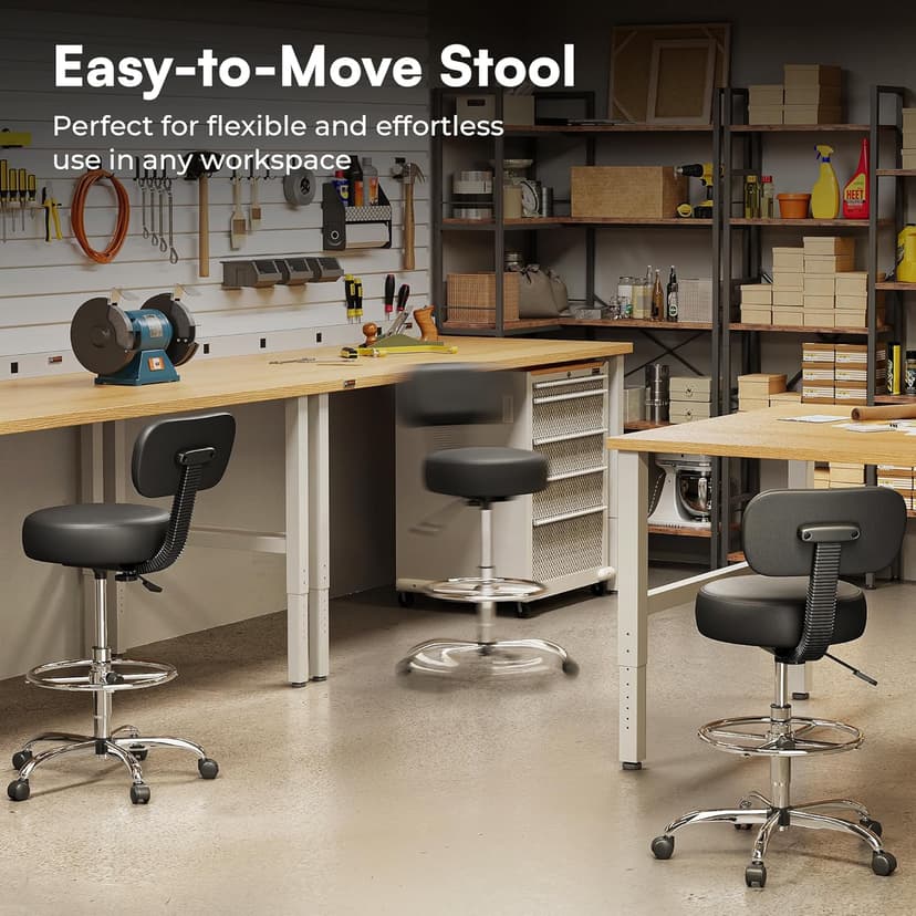 SUPERJARE Drafting Chair with Back, Adjustable Foot Rest Rolling Stool, Multi-Purpose Office Desk Chair, Thick Seat Cushion for Home Bar Kitchen Shop - Black