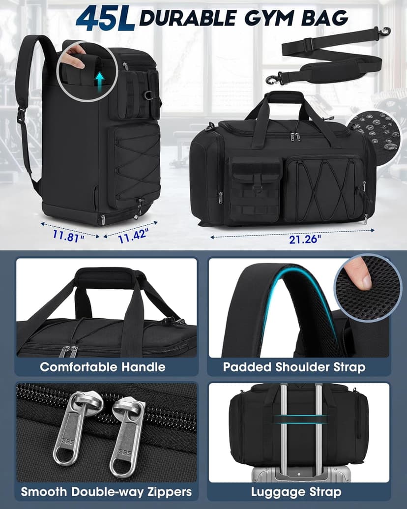 SDYSM Gym Bag for Men 45L Sports Duffel Bags 3-in-1 Travel Duffel Bag with Shoe Compartment, Gym Workout Backpack Carry On Weekender Bag Overnight Bag for Travel, Black