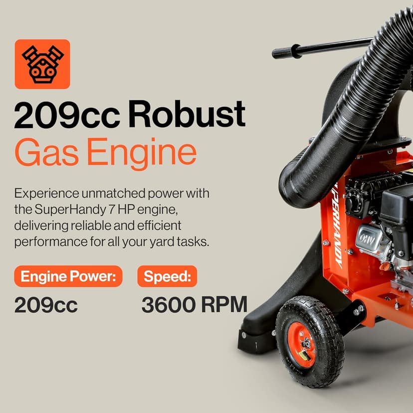 SuperHandy Leaf Vacuum & Wood Chipper – 7HP 209cc Gas Engine, 10:1 Mulch Ratio, 6-Bushel Collection Bag, 13.4" Impeller, Walk-Behind Vacuum Mulcher with Castor Wheels for Lawn & Yard Cleanup