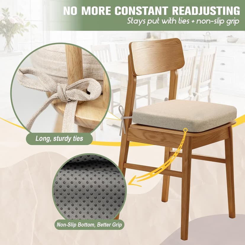 kingphenix Dining Chair Cushions Set of 4, 2.5 inch Thick Kitchen Chair Pads with Ties, Non Slip Bottom, Removable Washable Cover, 17” x 16”, Beige