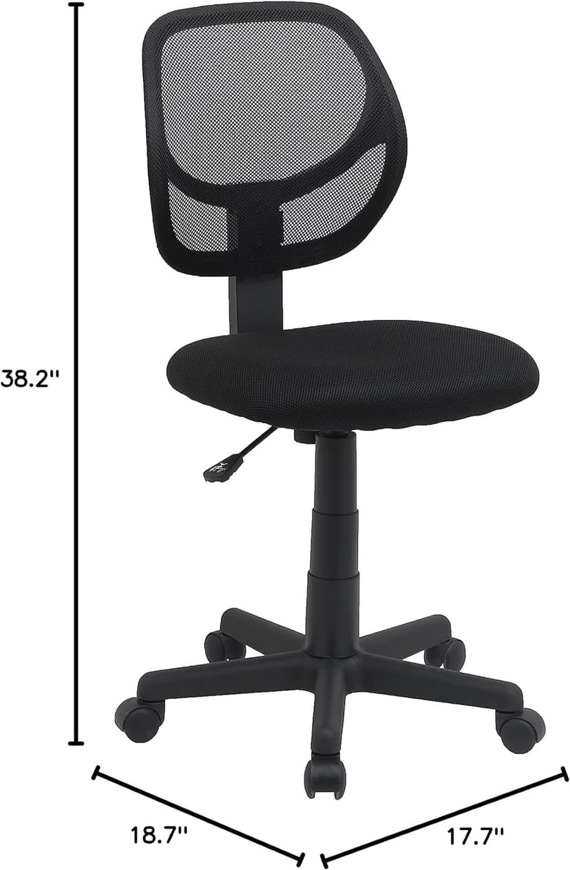 Amazon Basics Low Back Office Chair, Breathable Mesh, Height Adjustable, Padded Seat, Rolling Wheels, Swivel, Back Support, Sturdy, 21.25" D x 22.5" W x 38" H, Black