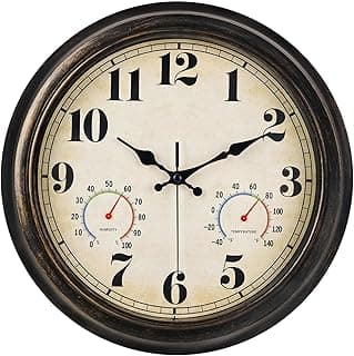 zyzamay 13 Inch Outdoor Clock with Thermometer and Hygrometer, Waterproof and Silent, Large Easy-to-Read Numbers, Ideal for Bedroom,Office,Living Room,Porch,Garden,Pool(BlackGold)