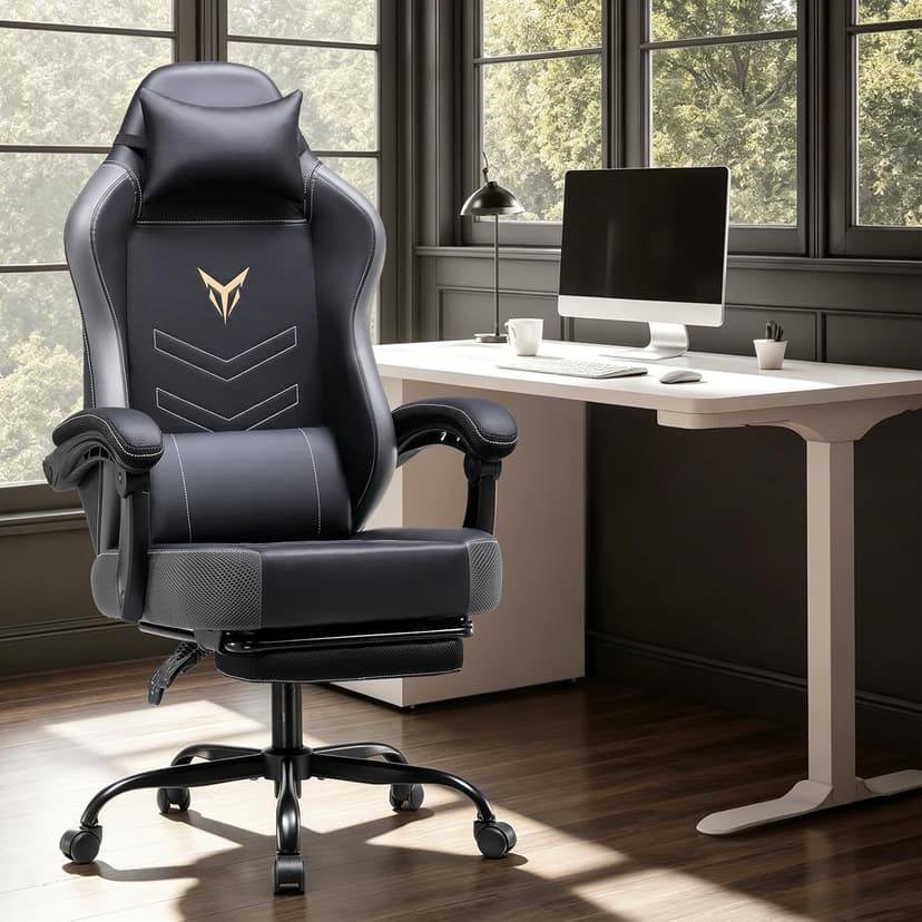 GTPLAYER Gaming Chair, Office Chair High Back Computer Chair with Foot Rest for Adults, Leather Desk Chair Executive Ergonomic Height Adjustable with Headrest and Lumbar Support, 300lbs Grey