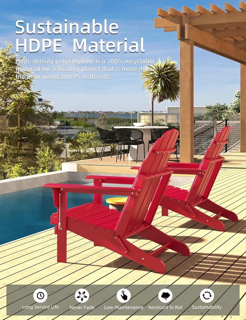 BUPPLEE Folding Adirondack Chair, 450 LBS Heavy Duty HDPE Poly Lumber Fire Pit Chair for Outside, All-Weather Resistant Plastic Adirondack Chairs for Patio, Garden, Deck & Backyard, Red