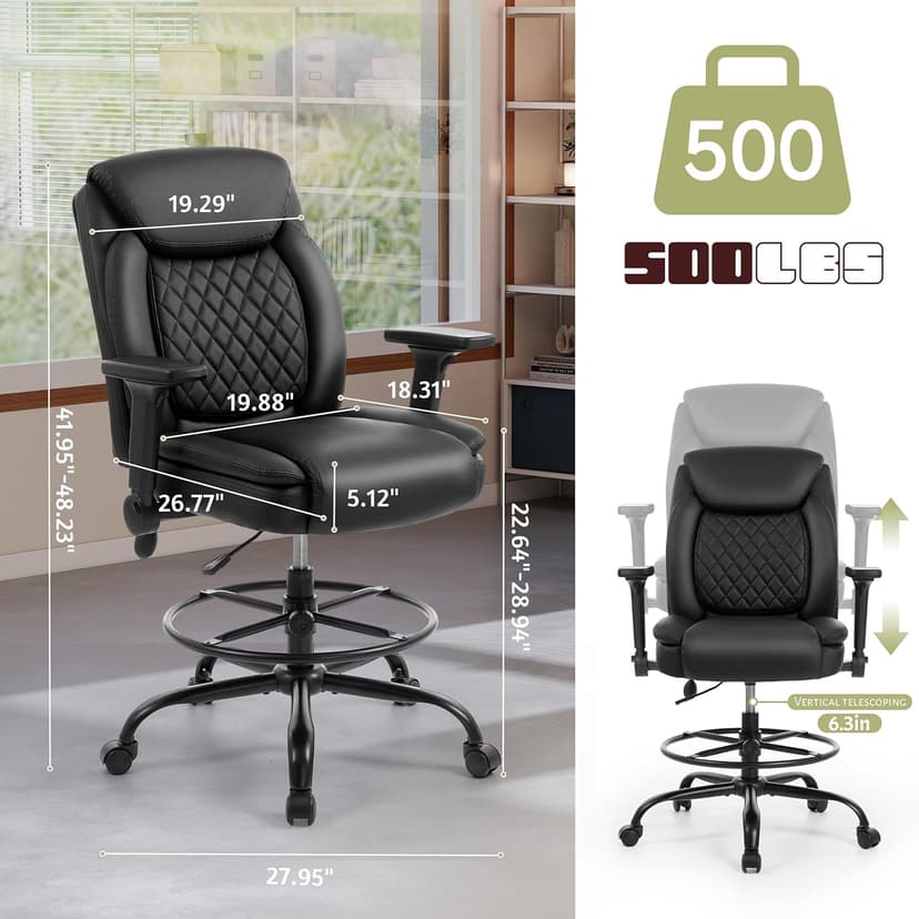Drafting Chair,Executive Tall Office Chair Flip-up Armrests for Counter Height Desk Drawing Use,High Task Chair with Adjustable Foot Ring & Inflatable Lumbar Support, Swivel Computer Stool,PU Black