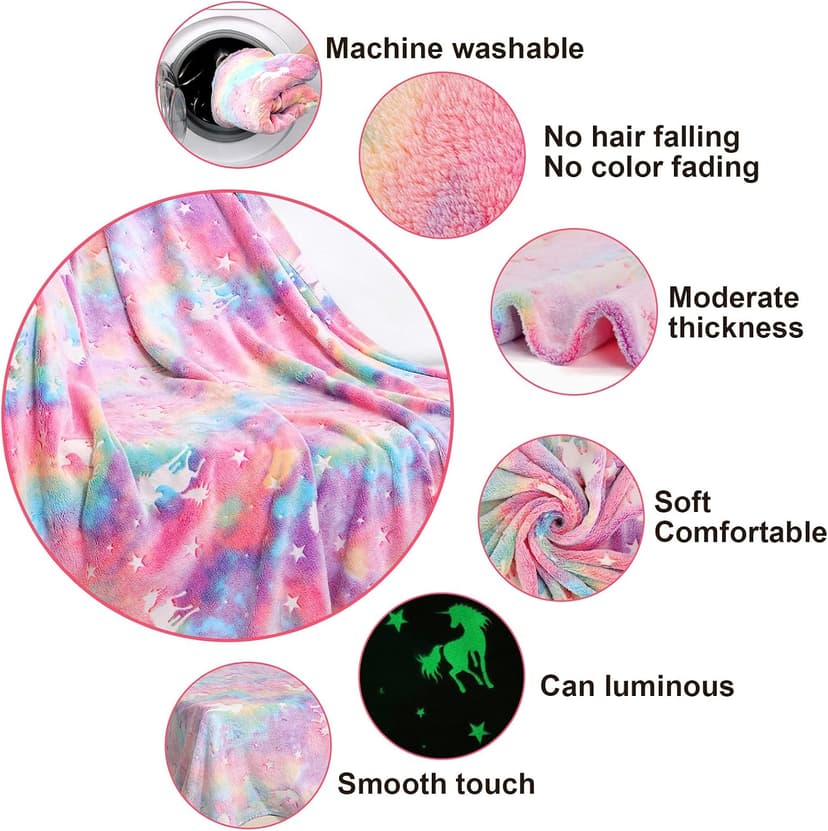 Glow in The Dark Blanket Unicorns Gifts for Girls,Toys for 2 3 4 5 6 7 8 9 10 Year Old Girl Gifts,Soft Kids Blankets for Christmas Halloween Birthday Valentines Gifts,50"x60"