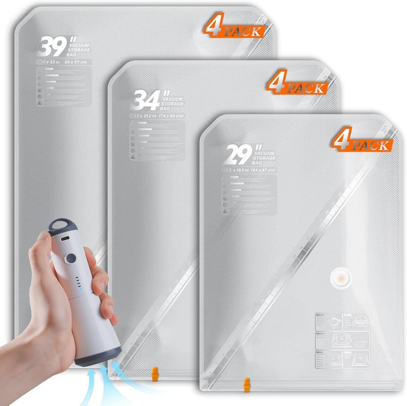 Vacuum Seal Bags for Clothing with Rechargeable Cordless Pump, 12 Pack Compression Packing Bags, Space Saver Storage for Seasonal Clothes Bedding Blanket Pillows Comforters Luggage Travel