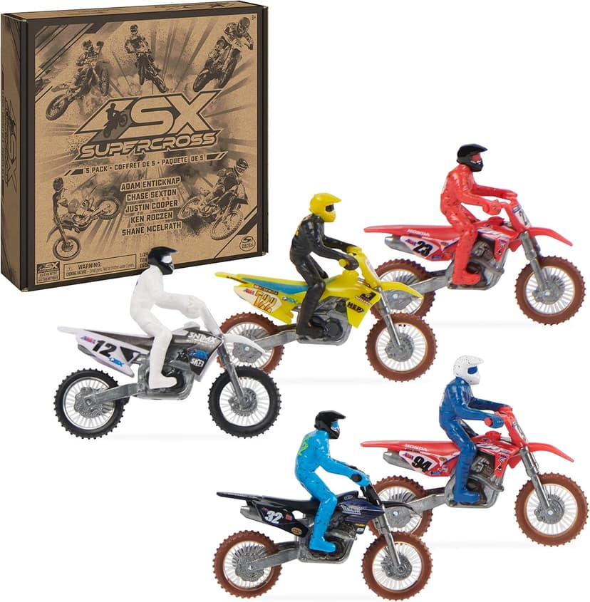 Supercross, Authentic 5-Pack of 1:24 Scale Die-Cast Motorcycles with Rider Figure, Toy Moto Bike for Kids and Collectors Ages 3 and up