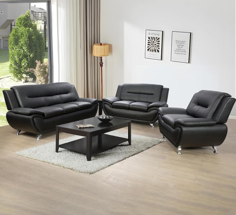 Ocstta Modern 3 Piece Living Room Couch Set, Faux Leather Sofa Set, Black
