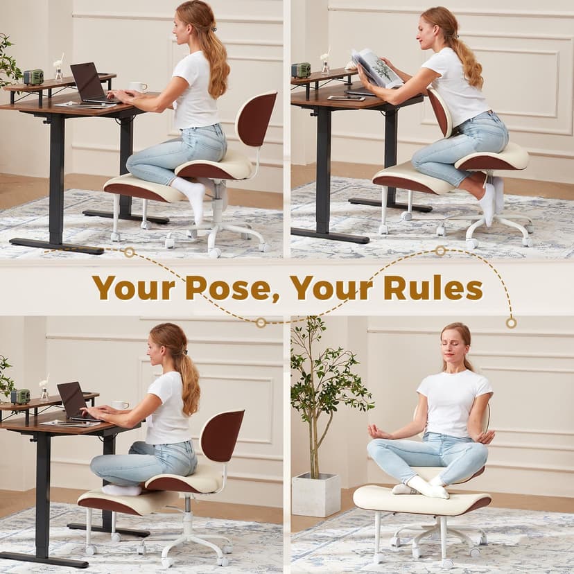 EROMMY ADHD Chair with Wheels Retractable footrest, Wide and Thickened Criss Cross Chair, Ergonomic Cross Legged Kneeling Desk Chairs for Meditation Yoga, Beige & Brown