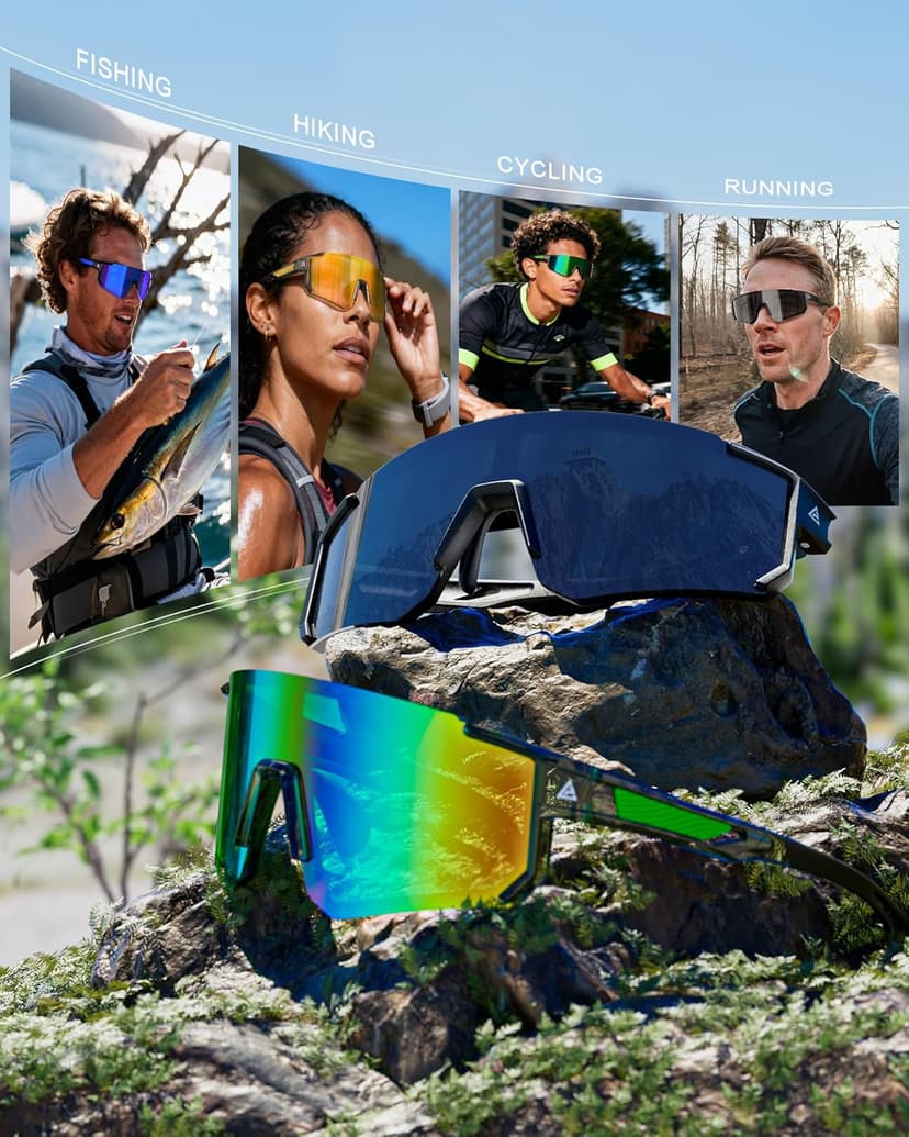 QALLY Polarized Sports Sunglasses for Men, UV400 Protection Mens Sunglasses Wrap Around Sun Glasses for Cycling Running
