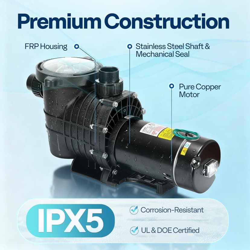 VIVOHOME 2.0HP Pool Pump - 115V/230V Self-Priming Motor - In/Above Ground - 6800GPH Energy Efficient - 1.5", 2", and 1.25"-1.5" Connectors w/Strainer Basket