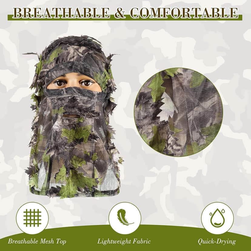 Sintege 3 Pieces 3D Camo Turkey Hunting Face Mask Camouflage Leafy Hat Ghillie Face Covering 3D Full Cover Camo Headwear Turkey Hunting Gear Accessories