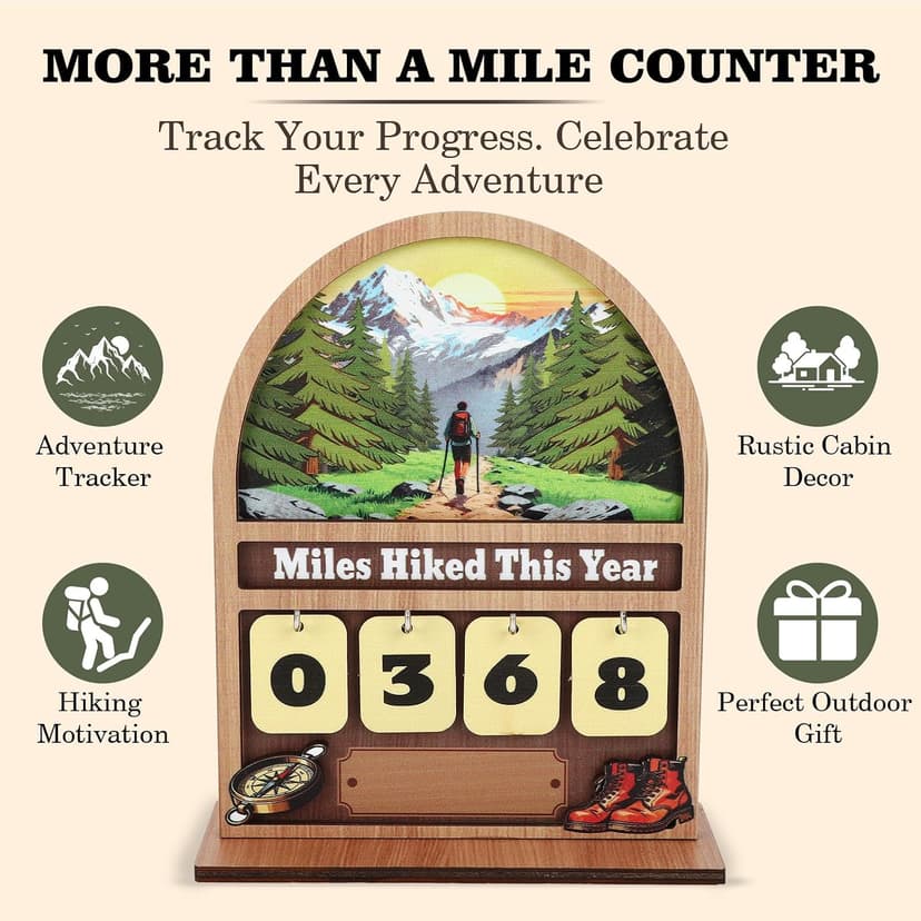 Wooden Mile Hike This Year Counter Rustic Cabin Decor Hiking Gifts for Women Men Hiking Accessories for Walking Enthusiasts Miles Hiked This Year Hiking Tracker Sign B0H394LD43