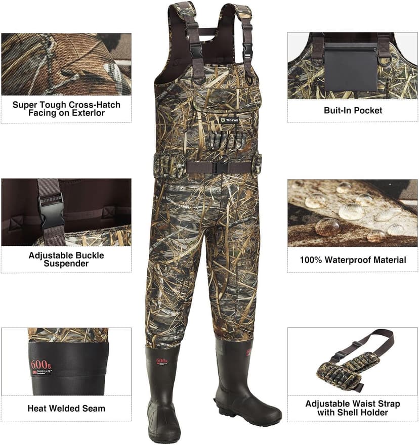 TIDEWE Hunting Waders with Boot Hanger & 600G Insulation, Waterproof Cleated Neoprene Bootfoot Fishing Chest Waders