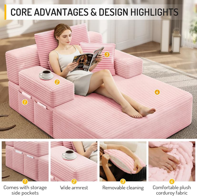2 in 1 Corduroy Chaise Lounge Chair Indoor, 60'' Oversized Boneless Sofa Chaise Lounge with Pocket, Plush Cozy Deep Seat Couch Chair for Living Room, Bedroom, Small Spaces, RV (Pink)