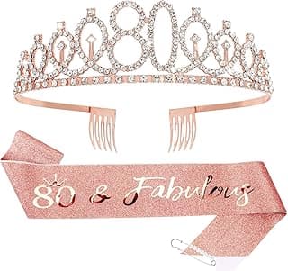 CIEHER 80th Birthday Crown + Sash + Pearl Pin Set, Elegant Gift for Women's 80th Birthday Party Decorations
