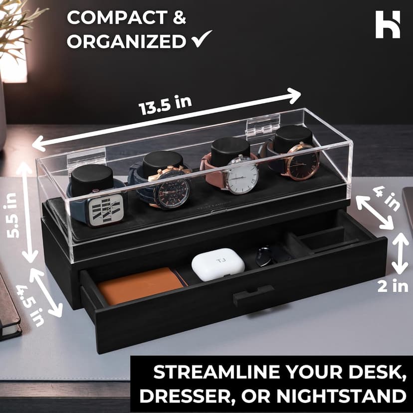 Holme & Hadfield Premium 4-Slot Wooden Watch Display Case – Handcrafted Men’s Watch Box with Accessory Drawer, Hinged Cover, Leather Lining – Birthday Gift for Collectors – Luxury Built to Last