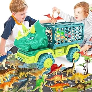 Dinosaur Truck Toys for Kids 3-5, Triceratops Car Toy with 15 Dino Figures,Large Activity Play Mat, Dinosaur Eggs, Dinosaur Play Set for Boys and Girls,Christmas Xmax,Stocking Stuffers