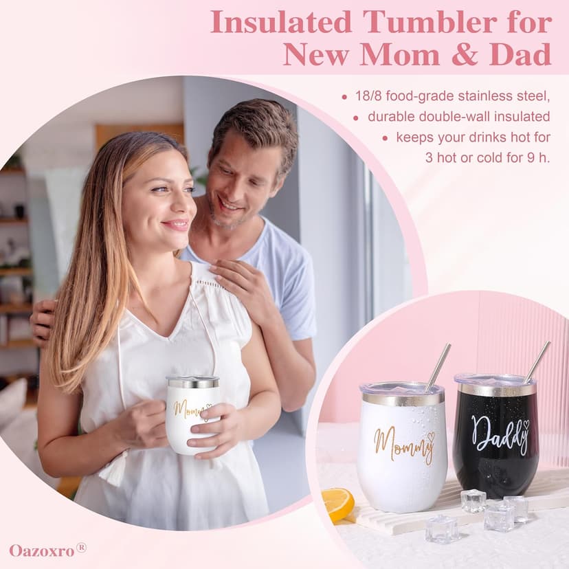 New Mom Gifts for Women, Pregnancy Gift for New Parents Gender Reveal Gifts with Mom and Dad Tumbler Set for First Time Moms