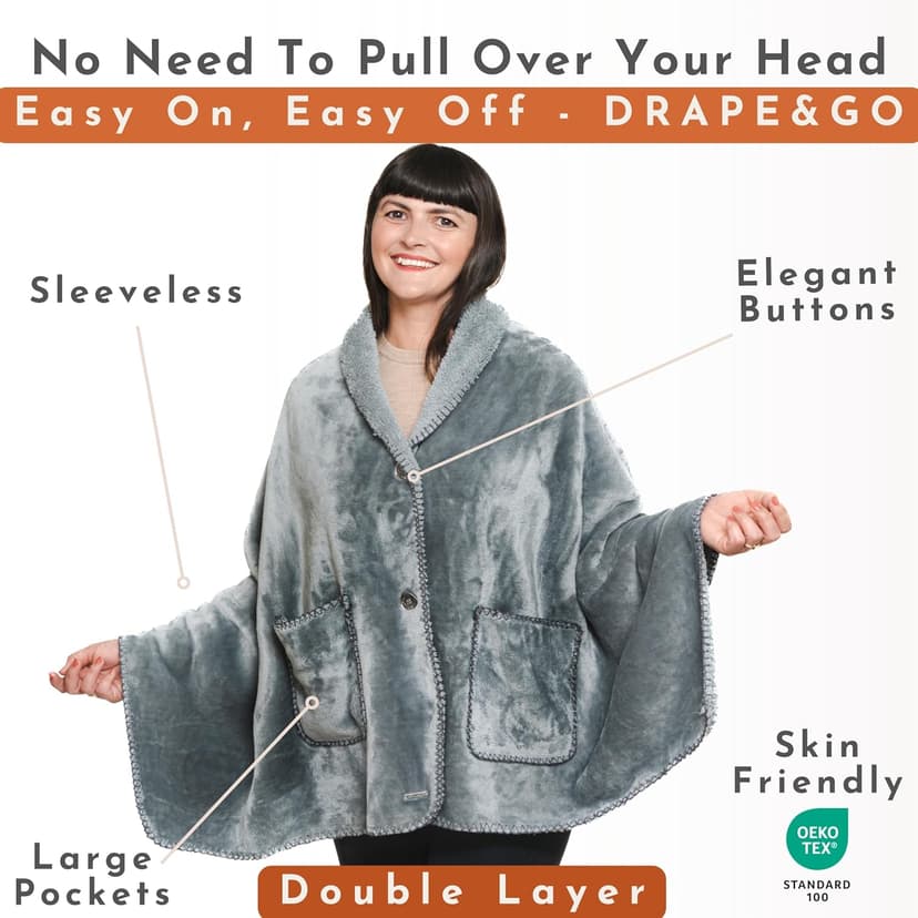 Premium Double Layer Poncho Blanket -No Sleeves Easy On Easy Off- Drape and Go Shawl Gift for Women Who Have Everything - Gifts for Grandma and Mom (Silver Grey)