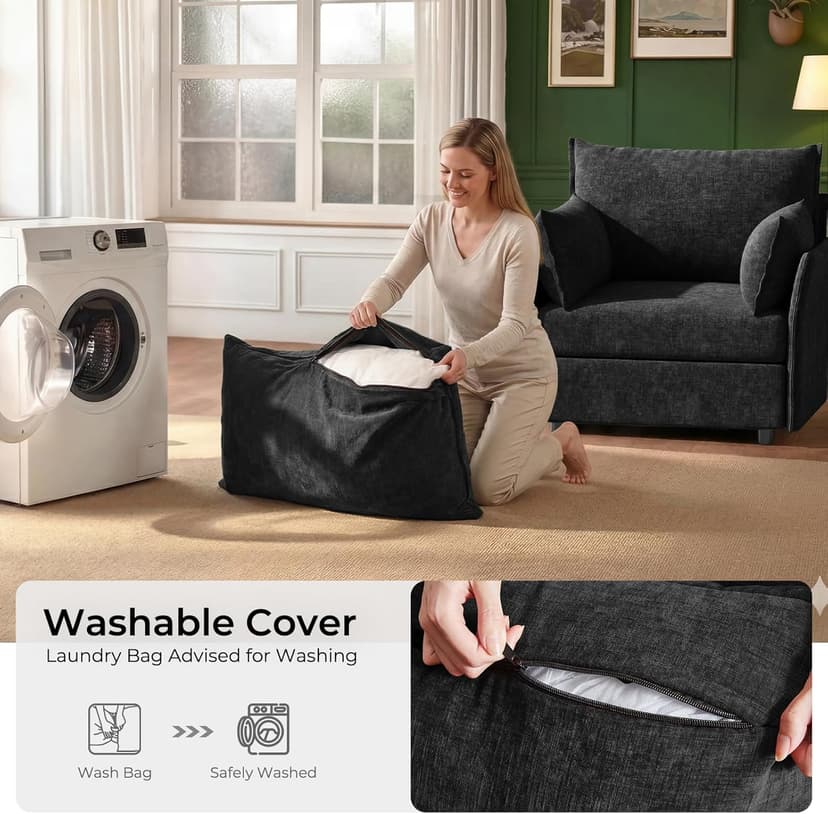 ABCASA Black Oversized Accent Chair with Removable & Washable Chenille Cover, Modern Mid-Century Upholstered Armchair, Deep Seat Comfy Reading Chair for Living Room, Pet & Kid Friendly