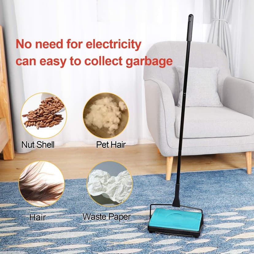 Yocada Carpet Sweeper Cleaner for Home Office Low&Undercoat Carpets Rugs Pet Hair Dust Scraps Paper Small Rubbish Cleaning with a Brush Blue