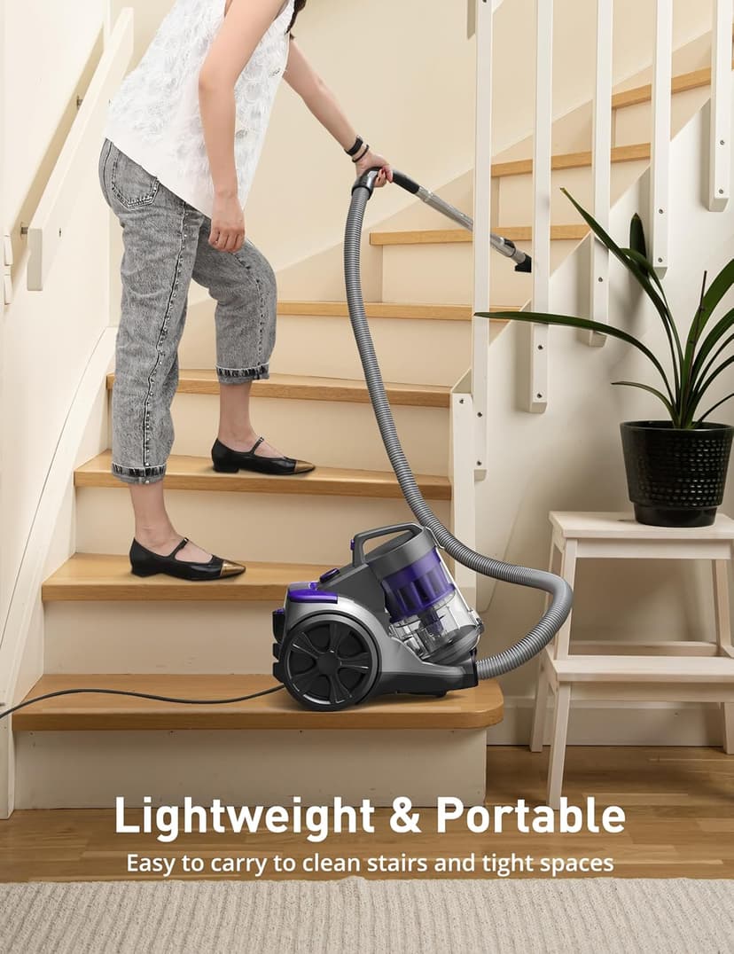 Aspiron 1700W Canister Vacuum Cleaner, 45Kpa Bagless Vacuum Cleaner, Multi-Cyclonic Filtration, 2 Anti-Allergen HEPA Filters, 3.5QT Dust Cup, 4 Tools, Corded Vacuum for Hard Floor, Pet Hair, Violet