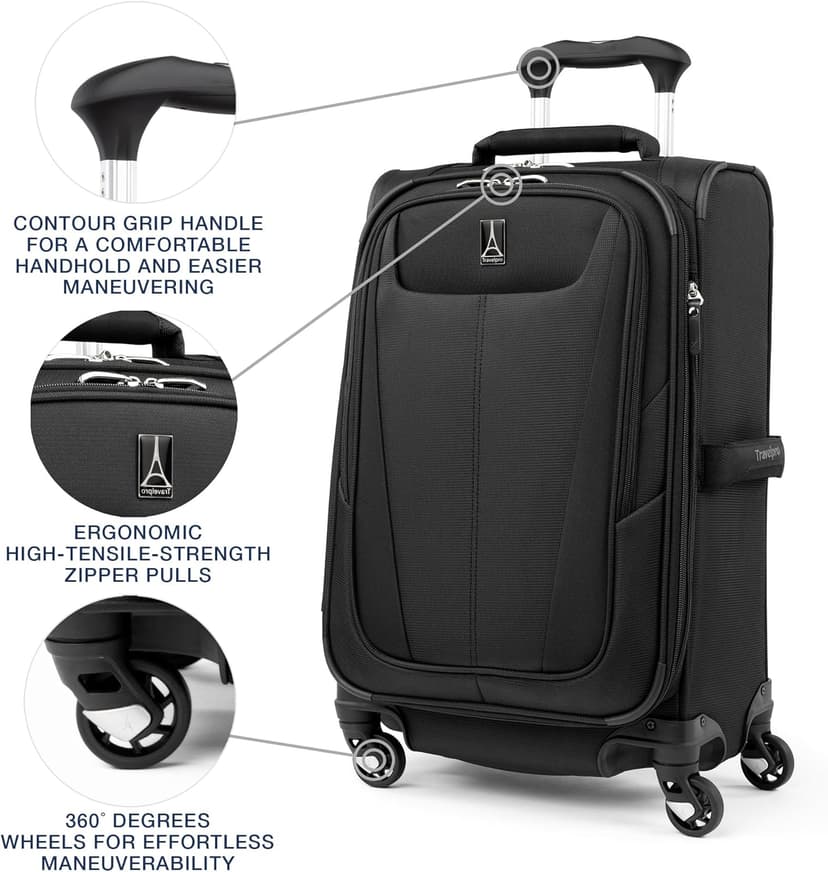 Travelpro Maxlite 5 Softside Expandable Luggage with 4 Spinner Wheels, Lightweight Suitcase, Men and Women, International, Black, Carry-on 21-Inch