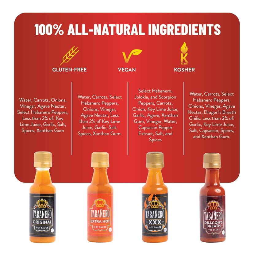 1.7 oz Mini Glass Bottles, Original, Extra Hot, XXX and Dragon's Breath, Gluten Free, All Natural, Low Sodium, Vegan, Kosher Tabañero Challenge Box, Hot Sauce Gift Set, 4-Pack B0CJYJ7KW9