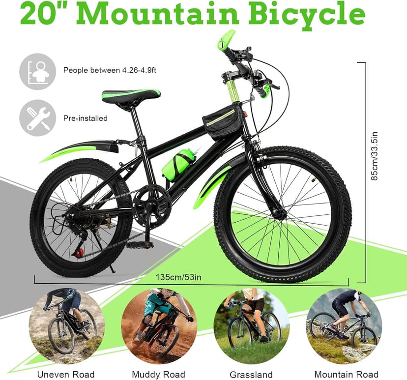 20 Inch Mountain Bike for Kids, Double Brake Bicycle High Carbon Steel Kids' Bicycles for Boys Girls Ages 8-12 Year Old