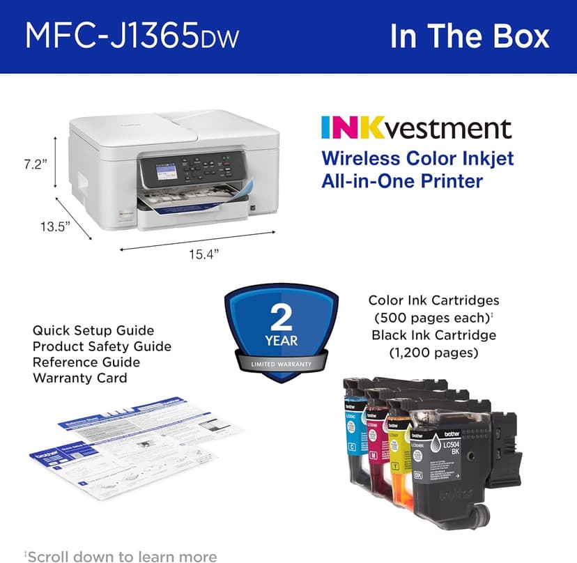 Brother INKvestment 1365 Wireless Color Inkjet All-in-One Printer with Automatic Duplex Printing and 1.8” Color Display | Includes Refresh Subscription Trial(1) (MFC-J1365DW)