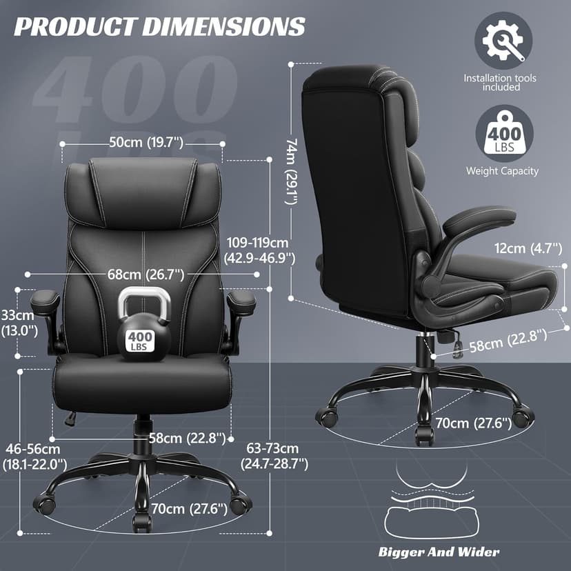 HeroSet Office Chair, Ergonomic Big and Tall Computer Desk Chairs, Executive Breathable Leather Chair with Adjustable Flip-up Armrests, Lumbar Support Swivel PC Chair with Rocking Function