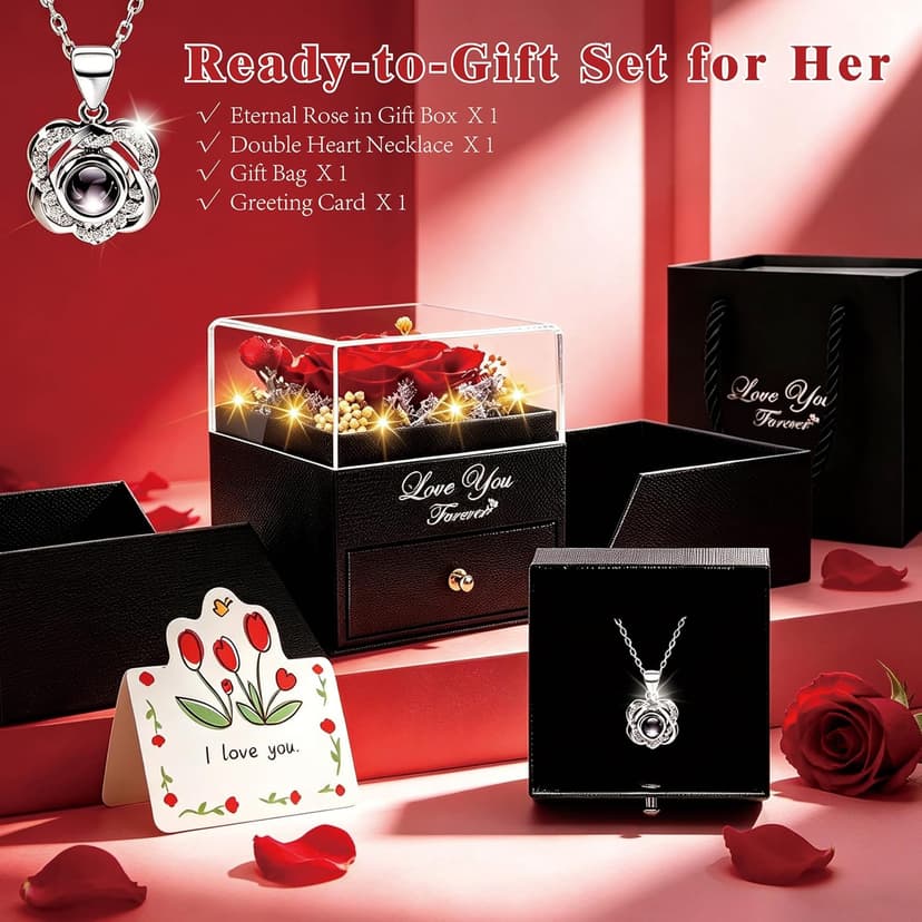 Preserved Red Real Rose with Heart I Love You Necklace -Eternal Flowers Rose Birthday Gifts for Women Her Mom Wife Girlfriend Grandma on Valentines Mothers Day Christmas Anniversary Romantic-Red