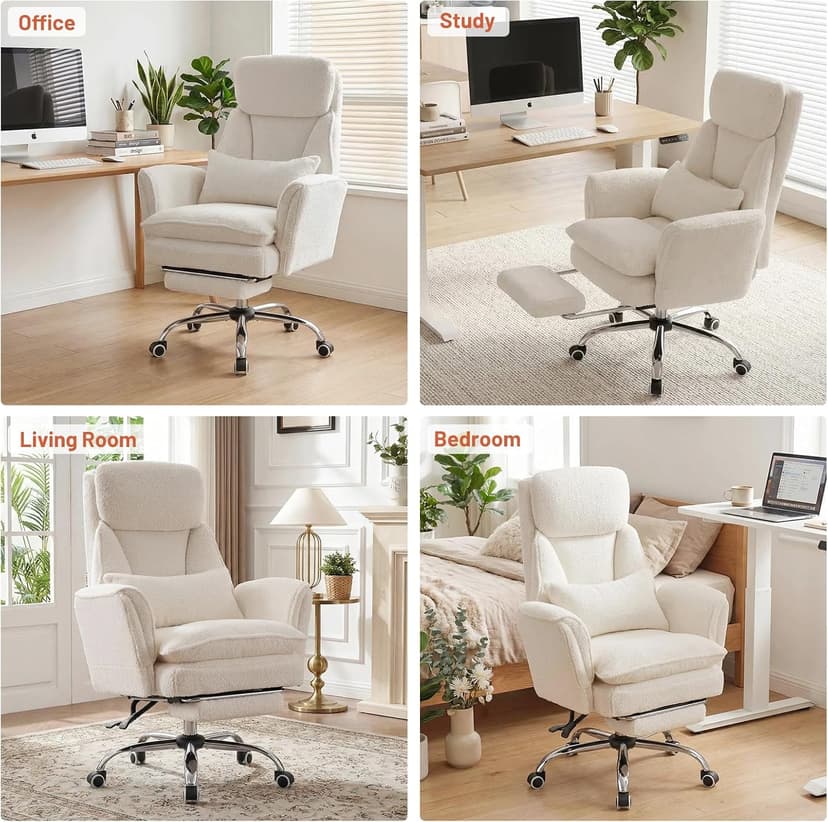 Furniliving Criss Cross Office Chair with Armrests & Wheels, Big and Tall Office Chair with Footrest, Flip Armrests for Pets, Wide Seat Cross Legged Desk Chair, Ergonomic Computer Chair, Teddy, White