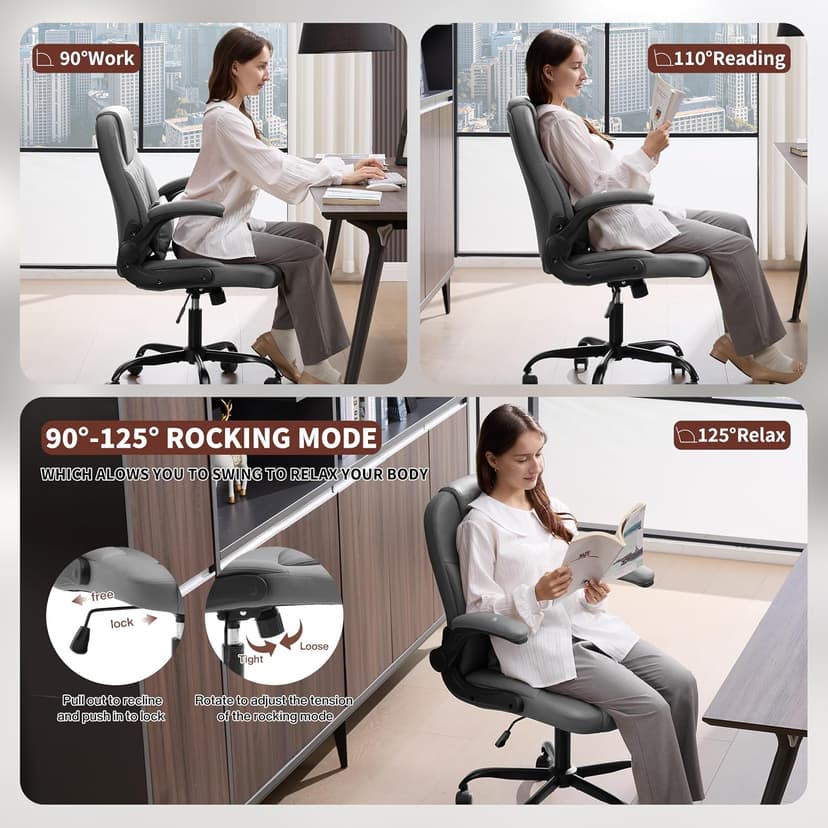 Executive Office Chair PU,Leather Office Chair with Wheels,360° Swivel Rolling Chair with Padded Arms,Ergonomic Computer Chair with Lumbar Support for Short People Use (Grey)
