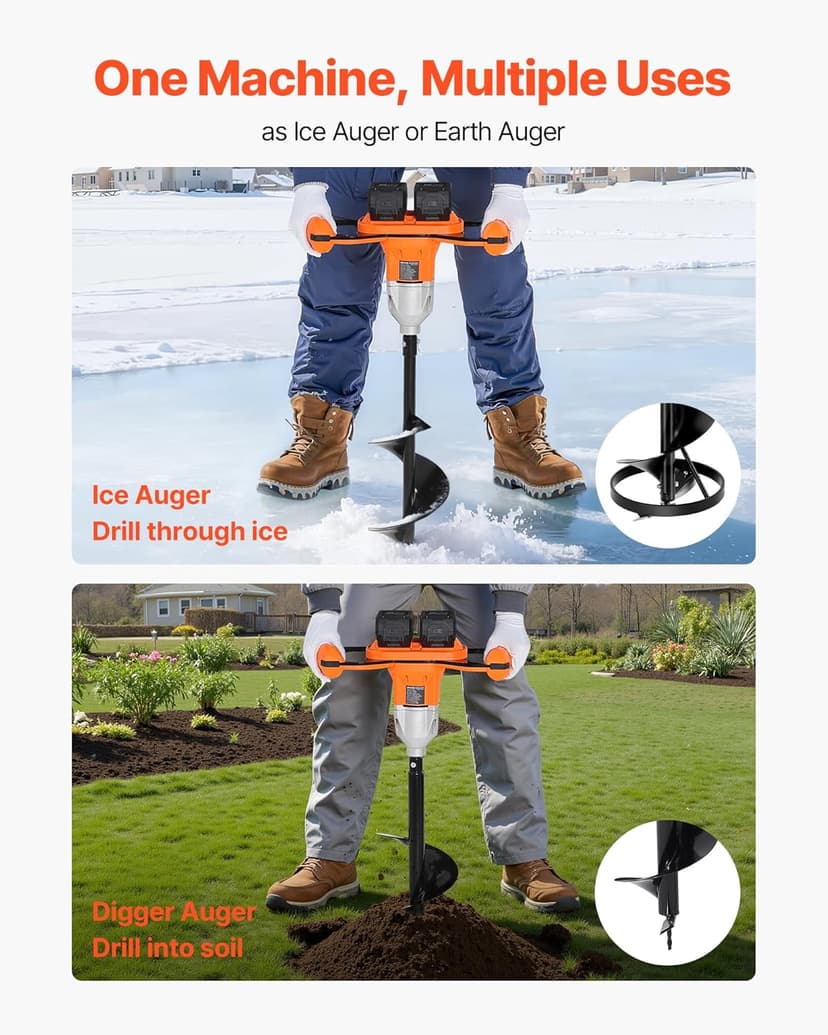 VEVOR 20V/40V Electric Ice Auger, 8 inch Diameter, 2 in 1 Battery Powered Ice Fishing Augers and Earth Auger Combo with Top Plate, Turbo High-Speed Cutting System and Blade Guard