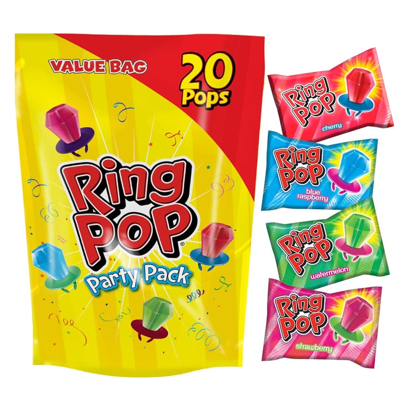 Ring Pop Candy, Christmas Lollipops, 20 Ct Party Favors in Assorted Fruity Flavors - Full Size, Bulk Variety Pack, Individually Wrapped Hard Candy For Stocking Stuffers, Holiday Gifts