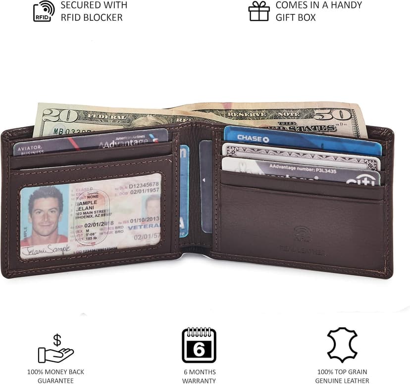 Wise Owl Accessories Real Leather Mens Bifold Wallet RFID Blocking Slim Minimalist Front Pocket - Thin & Stylish with ID Window in Gift Box (Nappa, Chocolate)