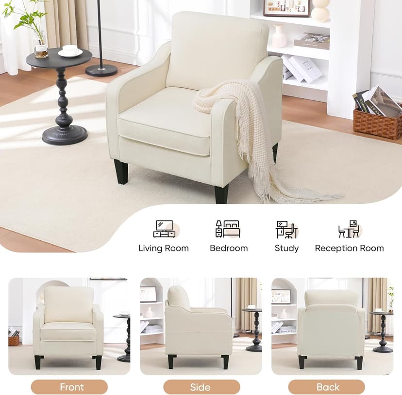 Accent Chair for Living Room, Mid Century Modern Reading Chair for Bedroom, Upholstered Armchair with Side Pockets, Comfy Single Sofa Side Chair for Office, Apartment, Small Room, Beige