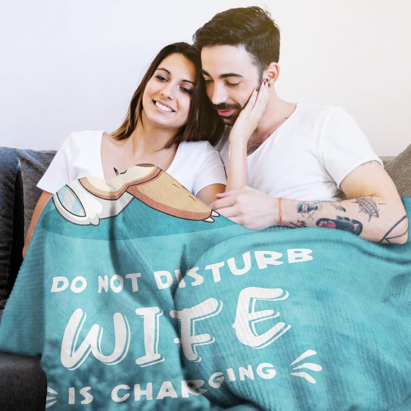 Wife is Charging Sloth Blanket 60" x 50", Cyan, Christmas Mothers Day Birthday Gift for Wifey from Husband Leebbsin Funny Gifts for Wife, Anniversary Wedding Gifts for Wife B0DNMFTB5W