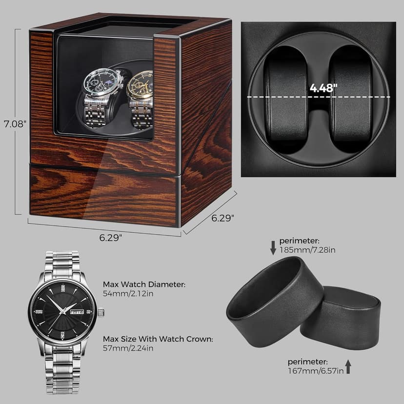 BEWISHOME BEWISHOME Watch Winder for Automatic Watches, Automatic Watch Winder Box Watch Spinner with LED Light, Double Watch Winder with Quiet Motor Wooden 4 Modes Battery or Type-C Adapter, Brown SYQ02Y