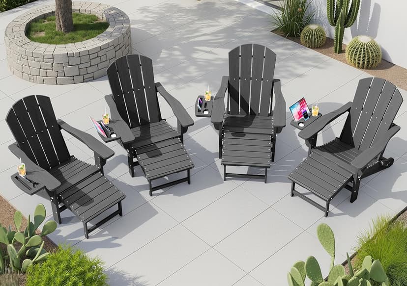 KINGYES Adjustable Folding Adirondack Chair with Footrest & 4-in-1 Multi-Functional Armrest Organizer Set of 4, HDPE Foldable Recliner Adirondack Chair with Pull-Out Ottoman, Grey