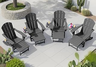 KINGYES Adjustable Folding Adirondack Chair with Footrest & 4-in-1 Multi-Functional Armrest Organizer Set of 4, HDPE Foldable Recliner Adirondack Chair with Pull-Out Ottoman, Grey