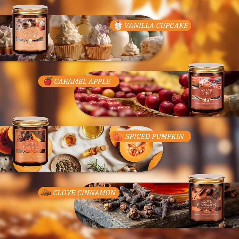 Fall Candles Set, 4 Pack Candles for Home Scented Natural Soy Wax, Autumn Gifts Set for Women Men, Fall Fragrance of Pumpkin/Cinnamon/Vanilla Cupcake/Apple B0F66HVPDY